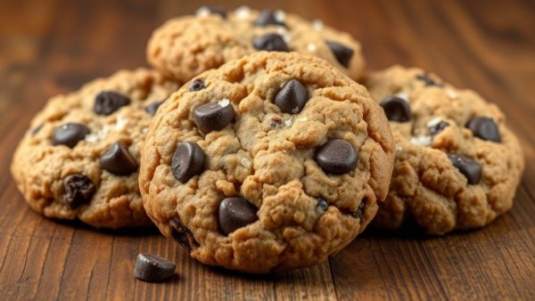 Freshly baked healthy oatmeal raisin chocolate chip cookies.