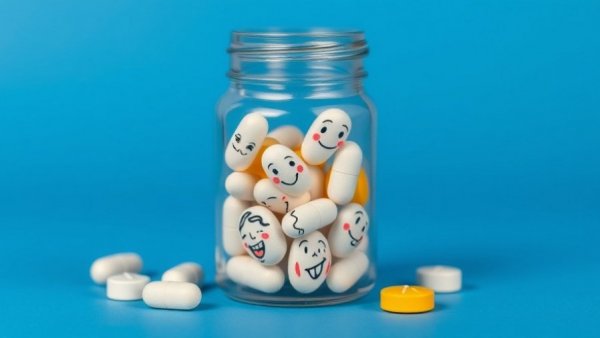 Do prescribed opioids increase self-harm and suicide: cartoon pills in a jar.