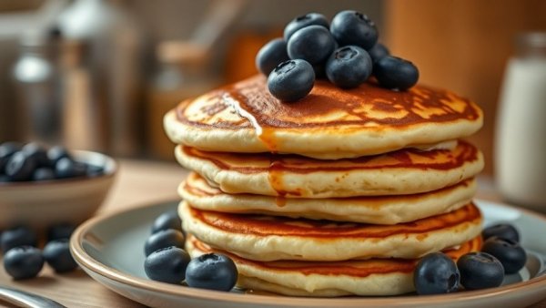 Stack of healthy buttermilk blueberry pancakes in warm setting.