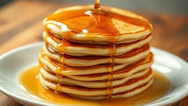 Golden almond flour protein pancakes drizzled with syrup.