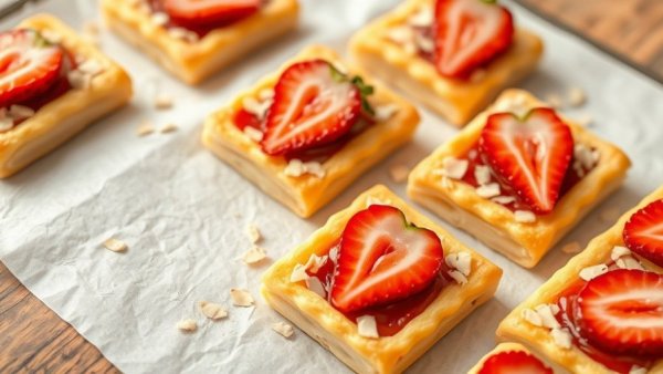 Strawberry Almond Puff Pastry Tarts on parchment paper with fresh almonds.