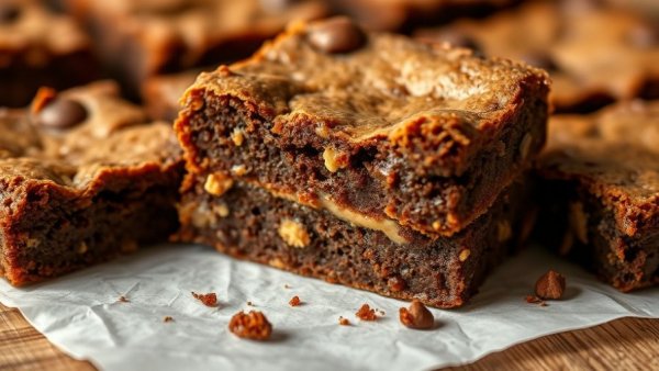 Rich vegan peanut butter blondie brownies on parchment.