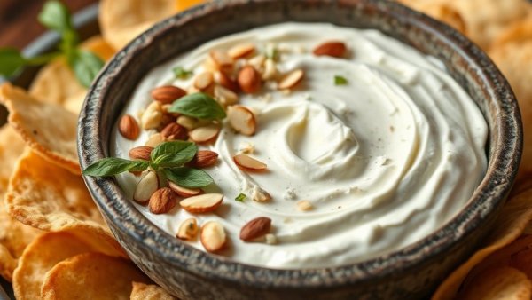Whipped feta yogurt dip garnished with almonds and basil.