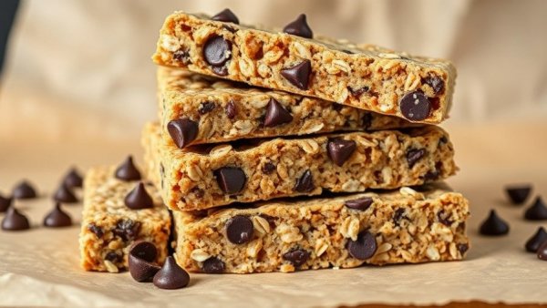 Stack of healthy high protein breakfast bars with oats and chocolate.