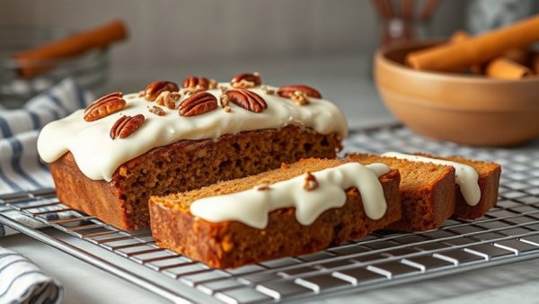 Sliced healthier carrot cake banana bread topped with frosting and pecans.