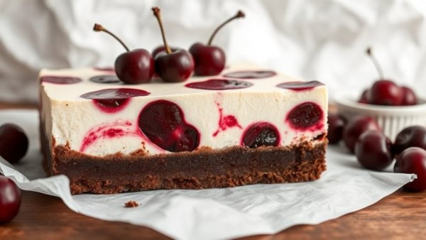 No-bake vegan chocolate cherry cheesecake on parchment paper.