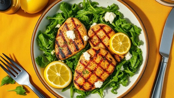 Sheet pan lemon garlic chicken with herbs and greens on a plate.