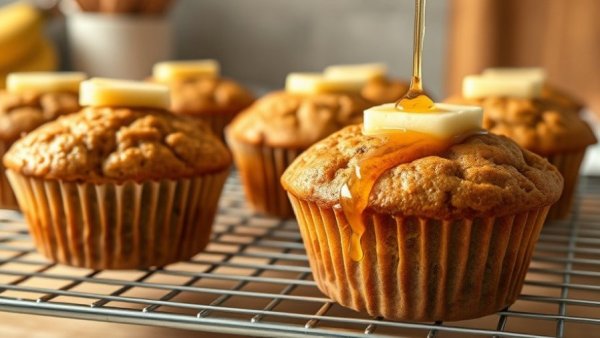 Honey banana bran muffins with honey drizzle and butter.