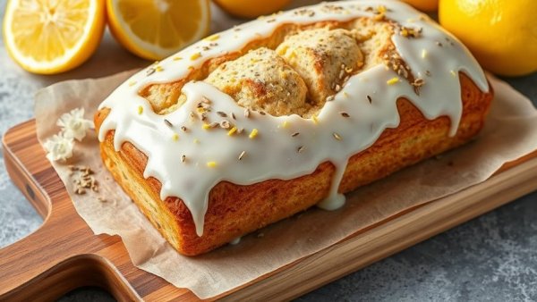 Healthy Lemon Poppy Seed Bread with glaze, lemon zest, and poppy seeds.