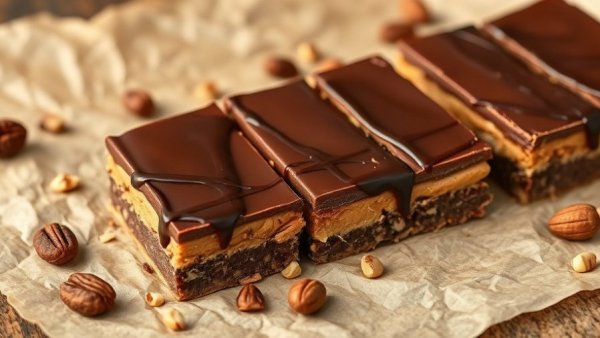 Decadent healthy chocolate peanut butter dessert bars on parchment.