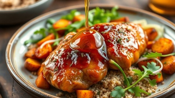 Sheet pan hot honey chicken with sides on ceramic plate.