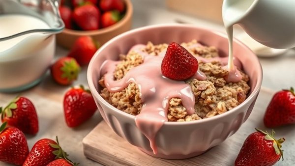 Brown butter strawberry baked oatmeal served with strawberry sauce
