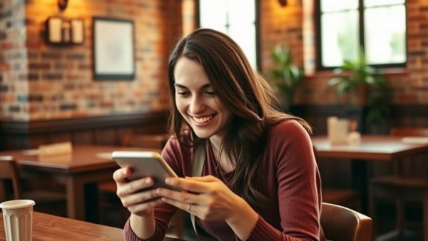 Smiling young woman reading a text about CBT for anxiety in a cafe.