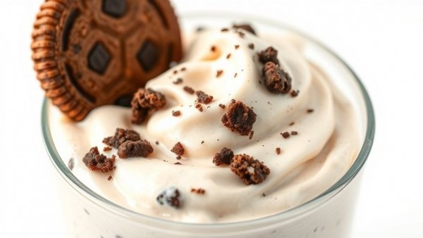 High-protein dairy-free cookies and cream dessert in a cup.