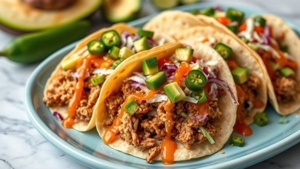 Colorful ground chicken tacos with fresh toppings on a platter