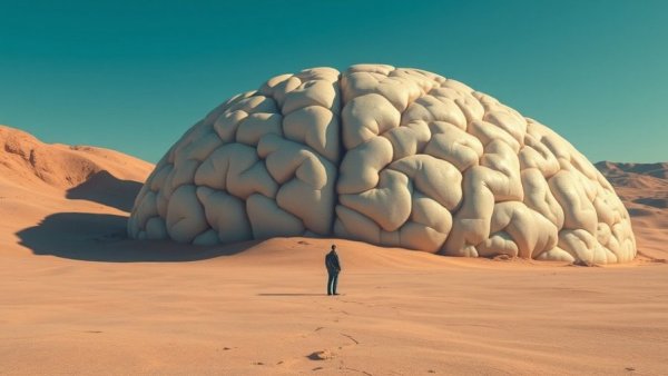 Surreal brain landscape with a figure standing, pondering positive expectations.