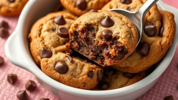 Scoopable chocolate chip cookies in a white dish.