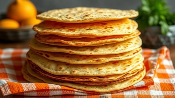 Golden homemade tortillas on a checkered cloth