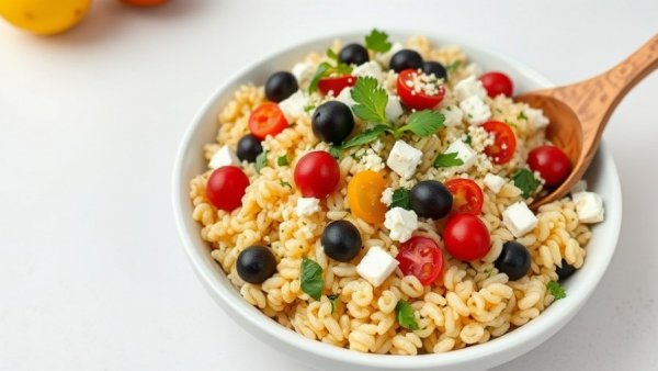 Colorful herby olive Italian orzo salad with fresh toppings.