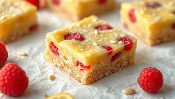 Lemon raspberry almond flour bars with fresh raspberries.