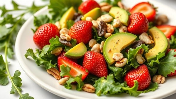 Vibrant strawberry kale salad with avocado and nuts on white plate.