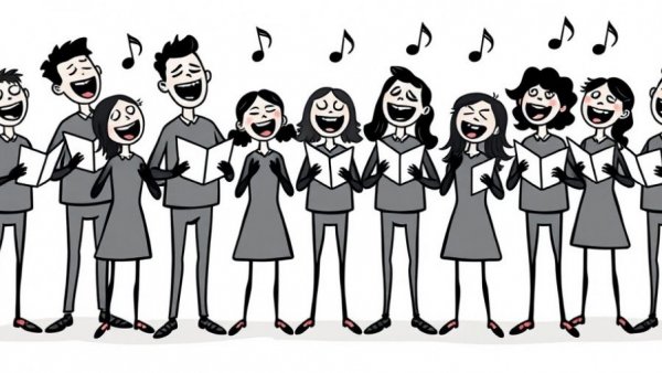 Cartoon stick-figure group singing with music notes.