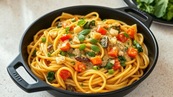 Vegan Pasta Primavera with creamy garlic cashew sauce in skillet.