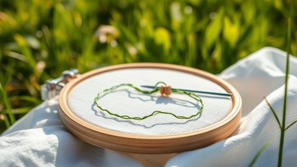Embroidery hoop outdoors with green thread, emphasizing peaceful creativity.