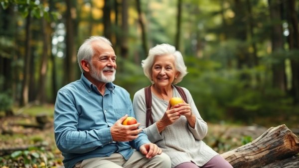 Elderly couple on a nature hike promoting high blood pressure awareness.