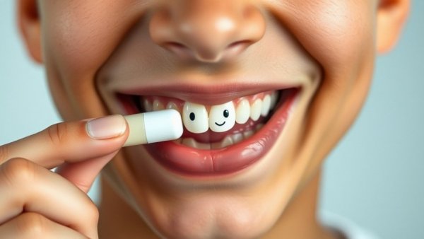 Close-up of smiling mouth with smiley face pill, MDMA therapy concept.