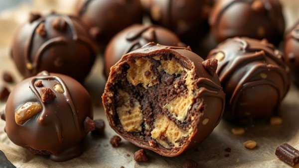 Chocolate Peanut Butter Power Bites close-up, on parchment paper.
