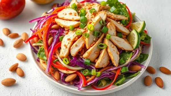 Vibrant Sesame Chicken Cabbage Crunch Salad with colorful garnish.