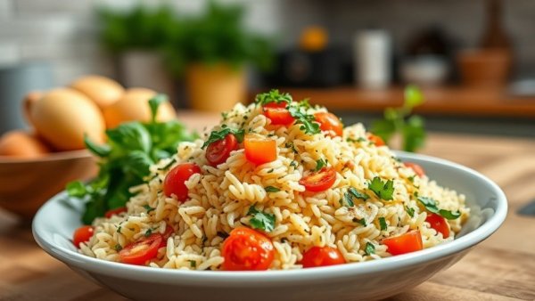 Colorful orzo salad as a side dish for grilled chicken.