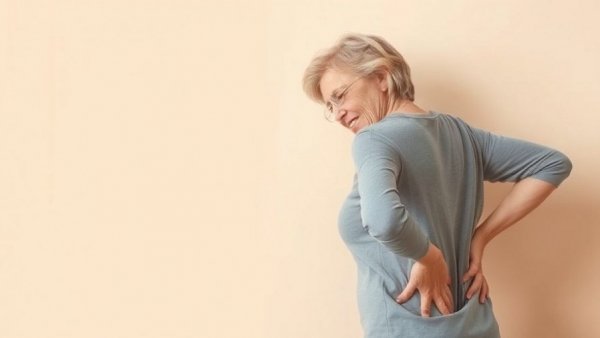 Middle-aged woman with chronic pain leaning against wall.