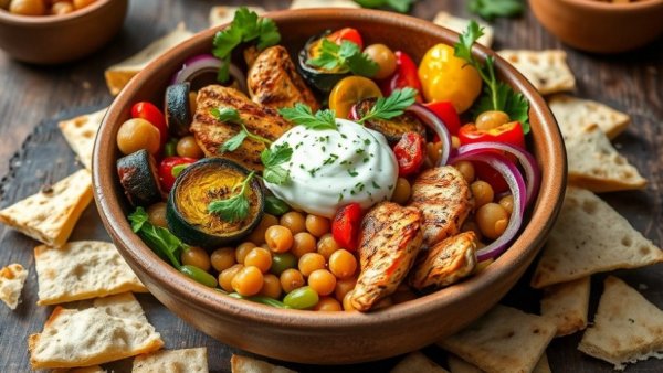 Delicious grilled Mediterranean chicken bowl with vibrant vegetables.