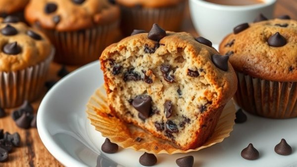 Healthy gluten-free chocolate chip muffin close-up with bite.