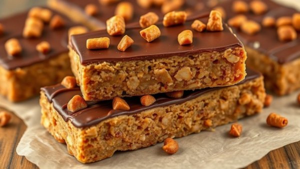 High-Protein Caramel Peanut Butter Pretzel Bars with chocolate topping.