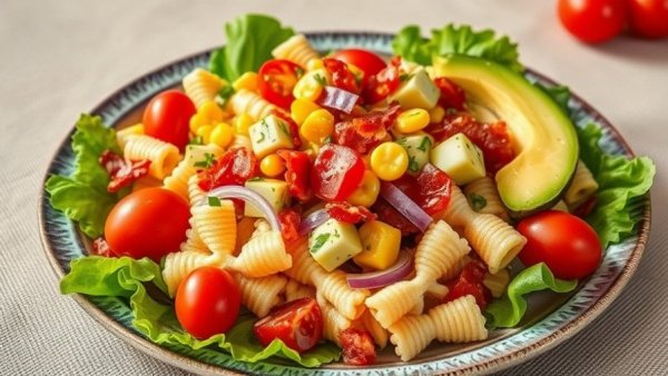 Colorful BLT pasta salad with fresh ingredients on a plate