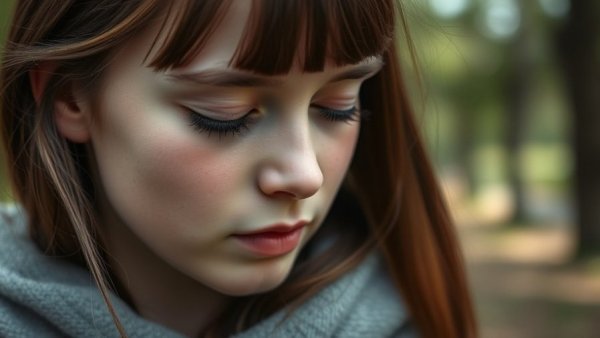 Thoughtful teenage girl reflecting deeply outdoors
