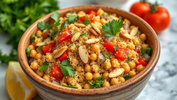 One Pot Moroccan-Inspired Chickpea Quinoa Salad in a rustic bowl.