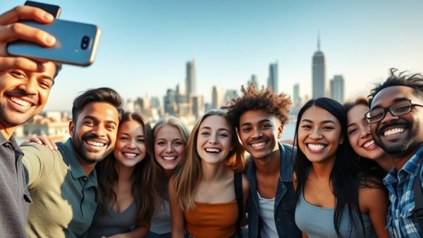 Diverse group of friends smiling on a rooftop, illustrating stronger social connections reduce depression.