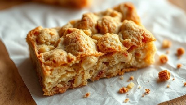 Close-up of a soft-baked apple cinnamon snack bar on parchment.