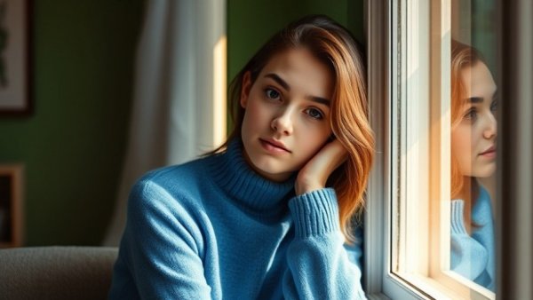 Thoughtful woman by window promoting mental health awareness.