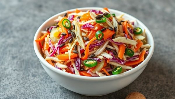 Vibrant healthy coleslaw without mayo in a white bowl, colorful vegetables.