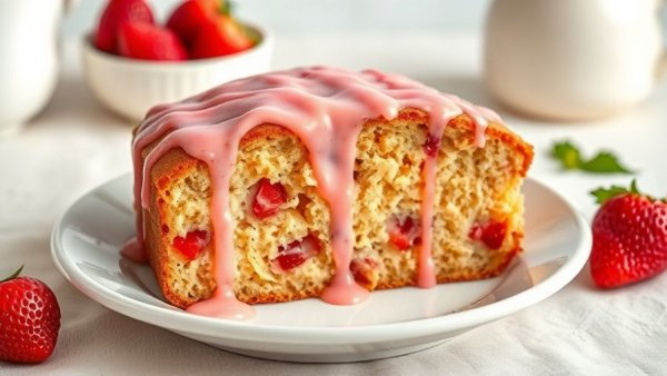 Slice of brown butter strawberry coffee cake with pink glaze.