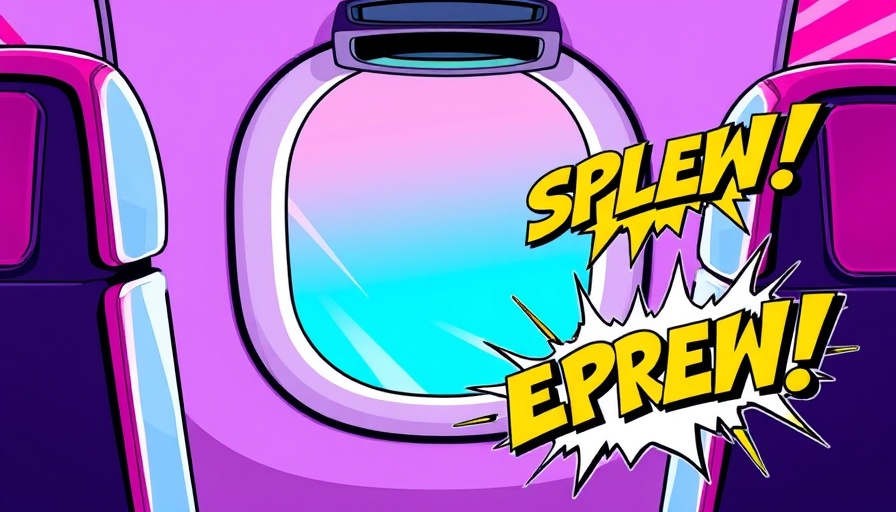 Illustration of airplane windows with expletive graphics on pink and blue background, Travel Etiquette Handling Rudeness