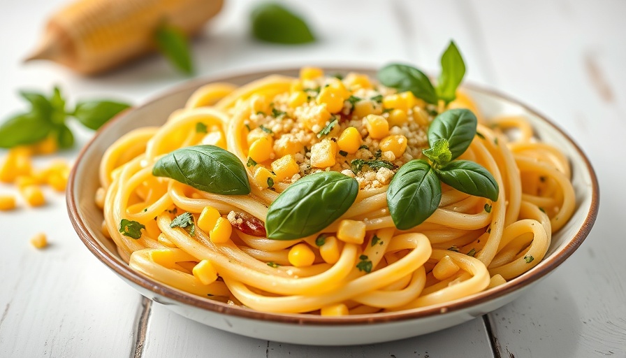 Tasty seasonal pasta with corn in August for delicious summer recipes.