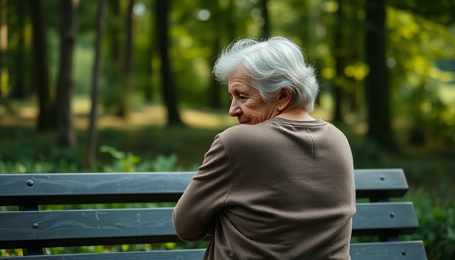 Elderly woman with back pain on a park bench.