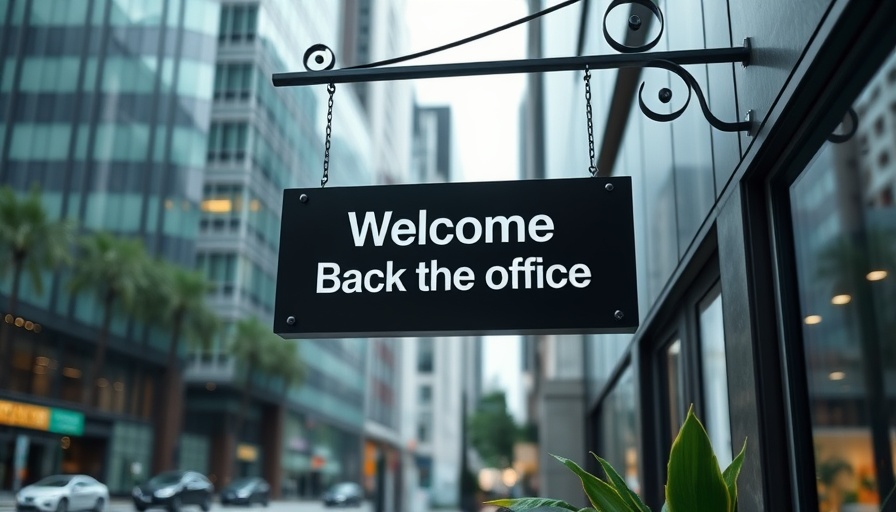 Urban scene with office welcome sign in city, reflecting greenery.
