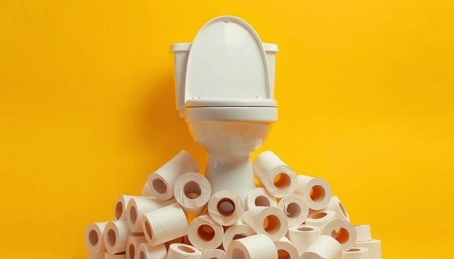 Toilet on toilet paper pile, humorous look at frequent urination.